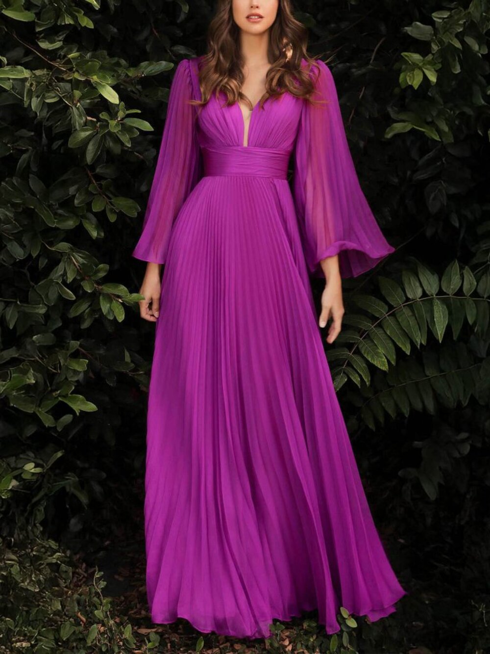 Magenta Formal Pleated Bell Sleeve Chiffon A-line Wedding guest Party Dress 10